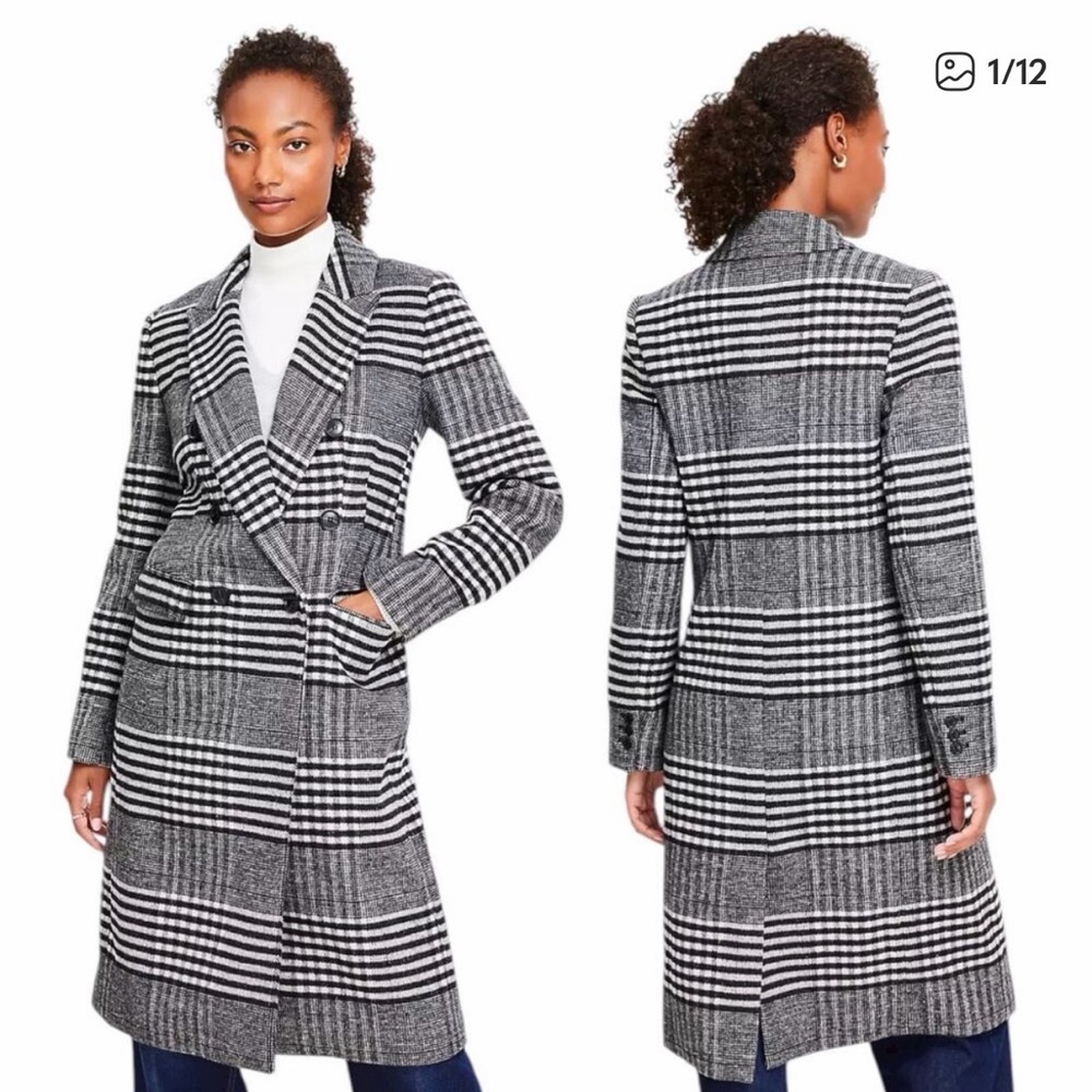 LOFT Black and White Plaid Double Breasted Coat Size Small